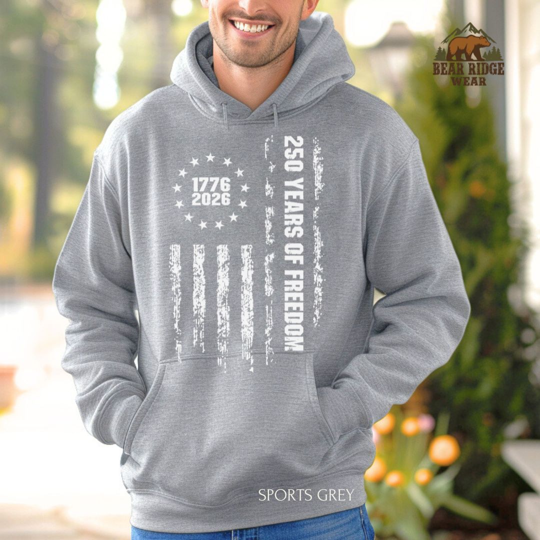 250 Years of Freedom-Grunge' Patriotic Hoodie, Color: Sport-Grey, Size: 2XL