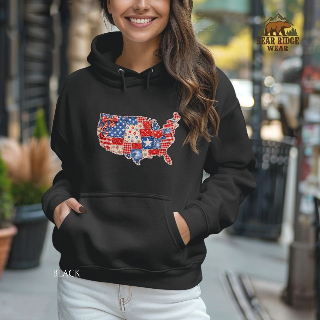 US Map-Patchwork' Patriotic Hoodie, Color: Black-39, Size: 2XL