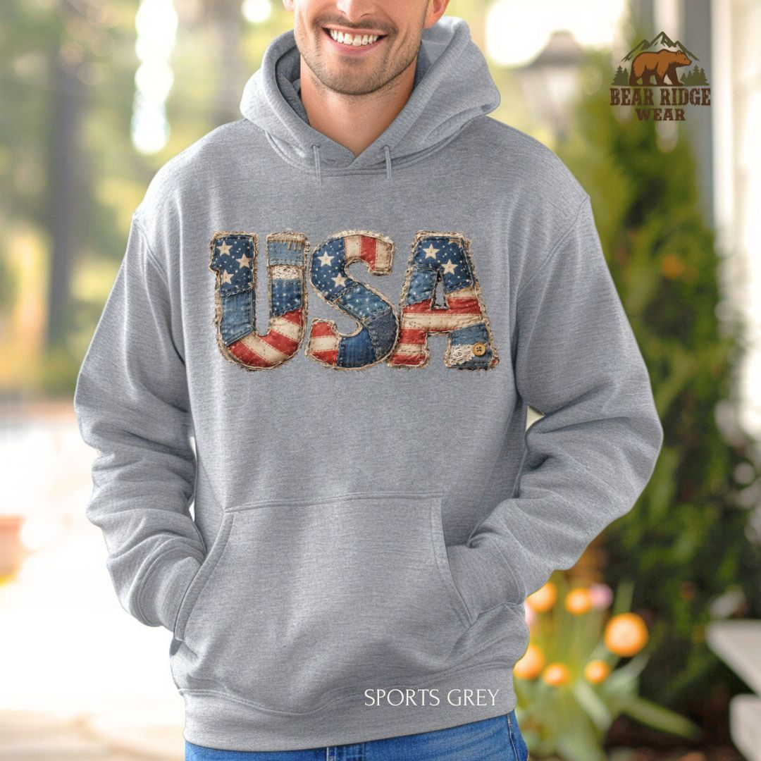 Patchwork-USA' Patriotic Hoodie, Color: Sport-Grey, Size: 2XL