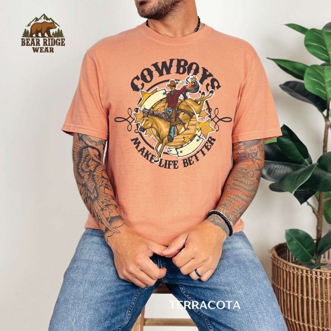 Cowboys Make Life Better' Western T-shirt, Color: Terracotta, Size: M