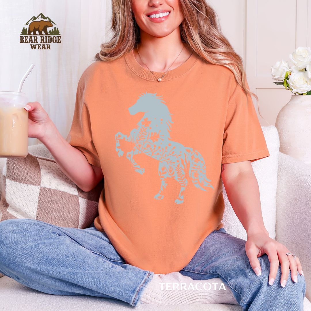 Floral Horse-Blue' Western T-shirt, Color: Terracotta, Size: M