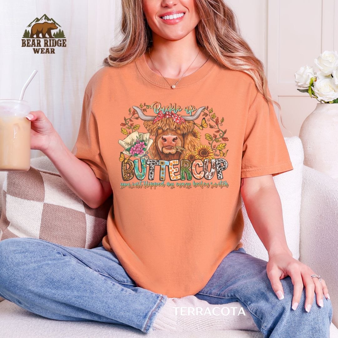 Highland Cow-Buckle Up' Western T-shirt, Color: Terracotta, Size: M