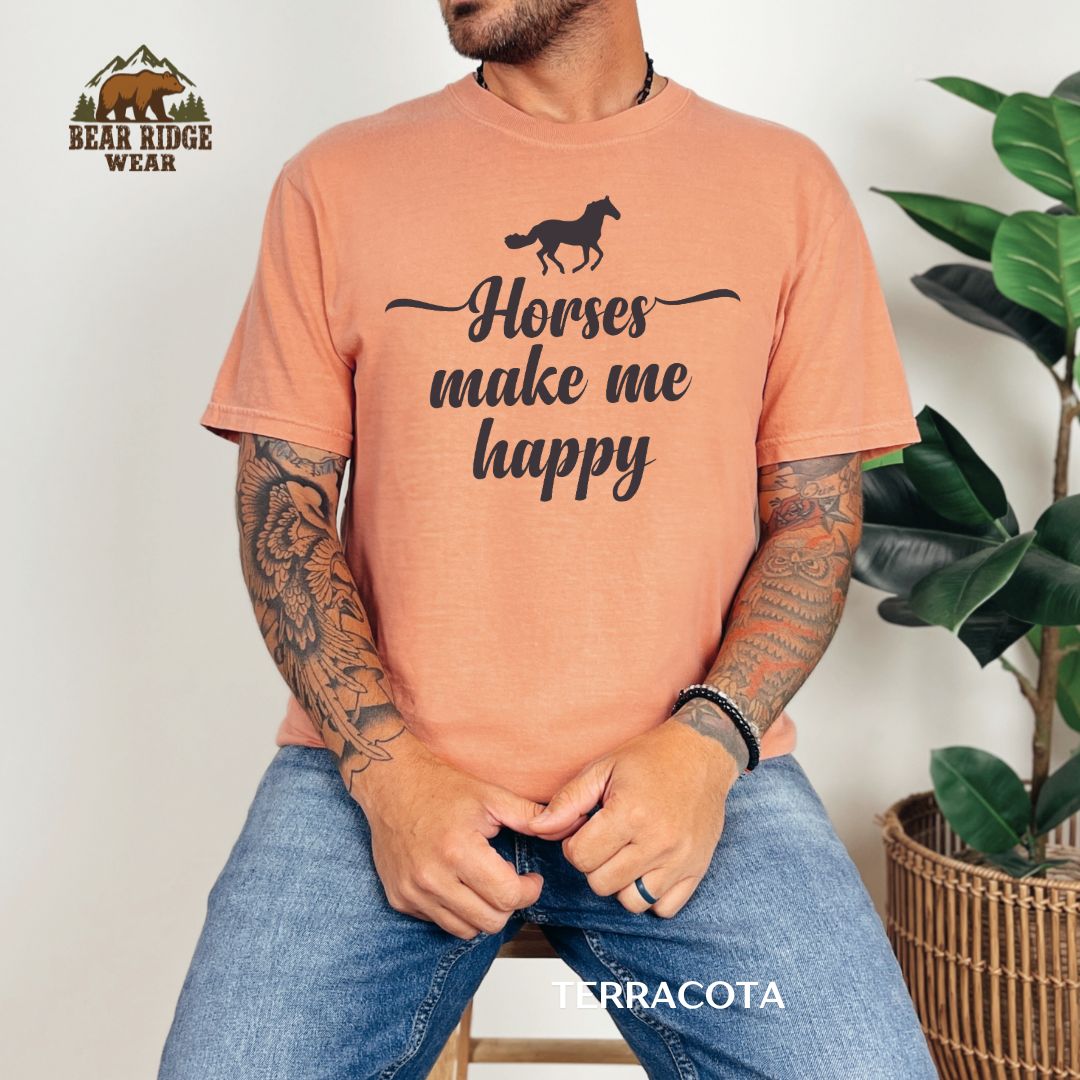 Horses Make Me Happy' Western T-shirt, Color: Terracotta, Size: M