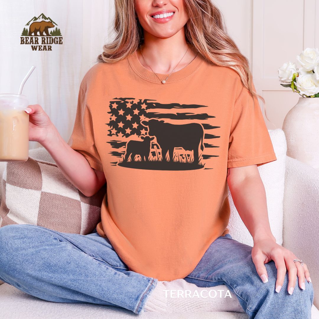 US Farm Cow' Western T-shirt, Color: Terracotta, Size: M