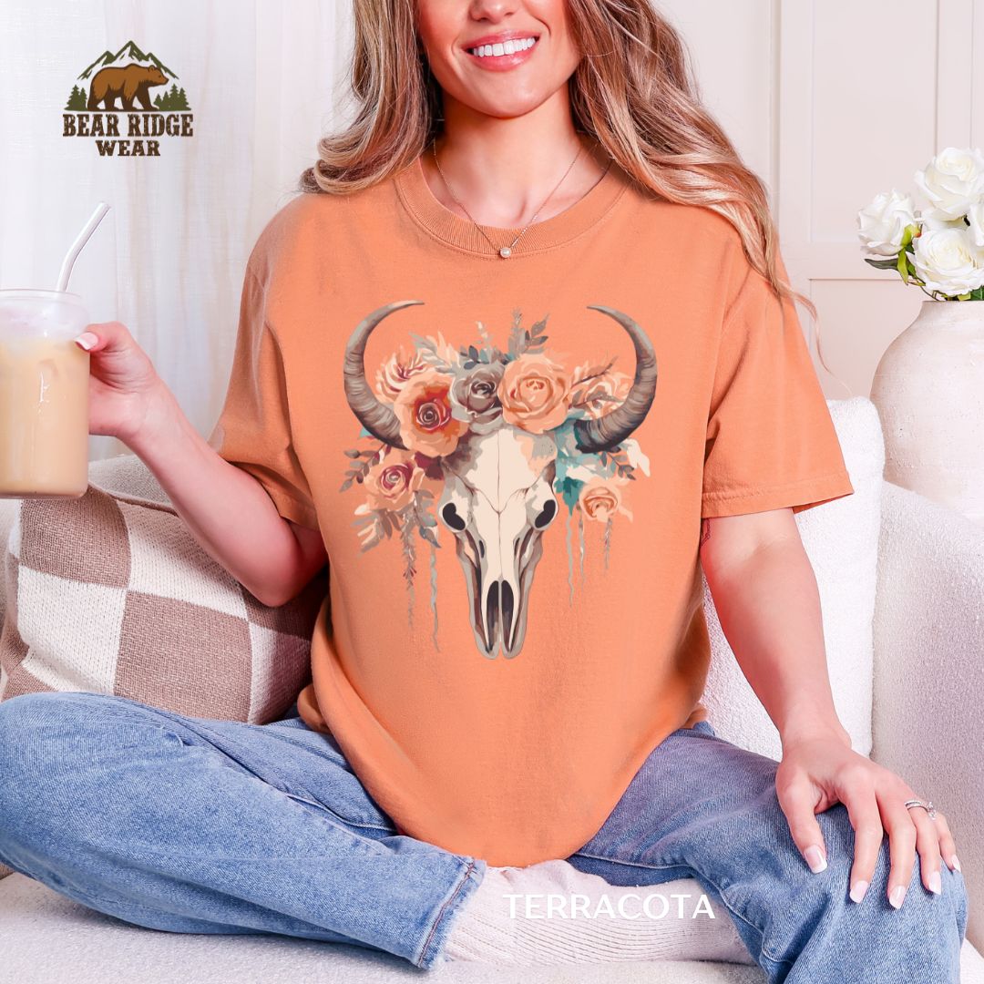 Skull Head Floral' Western T-shirt, Color: Terracotta, Size: M