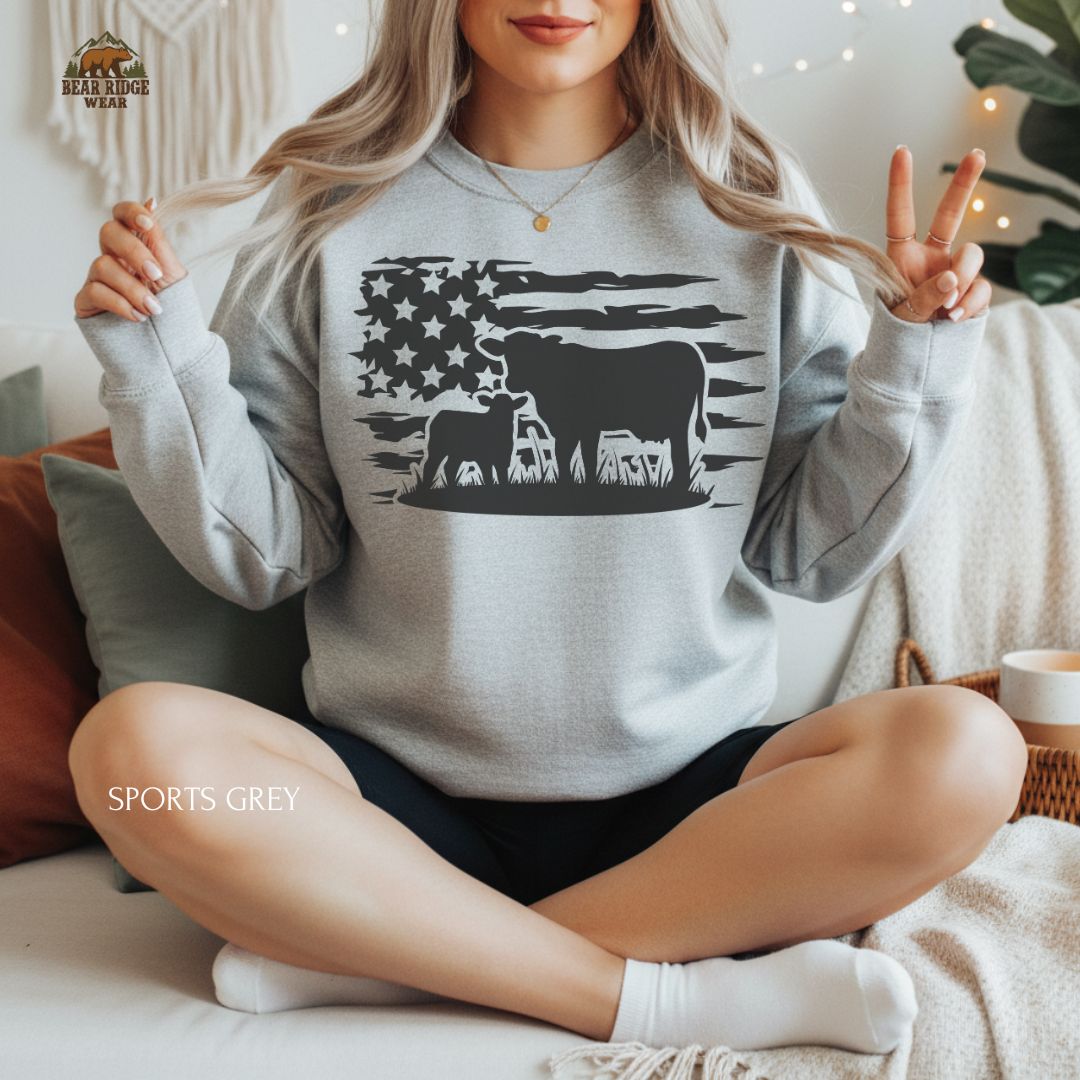 US Farm Cow' Western Crewneck Sweatshirt, Color: Sport-Grey, Size: 2XL