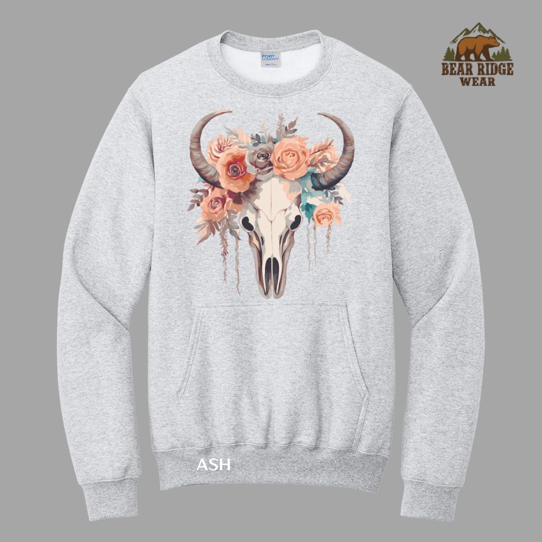 Skull Head Floral'  Western Kangaroo Crew, Color: Ash, Size: S