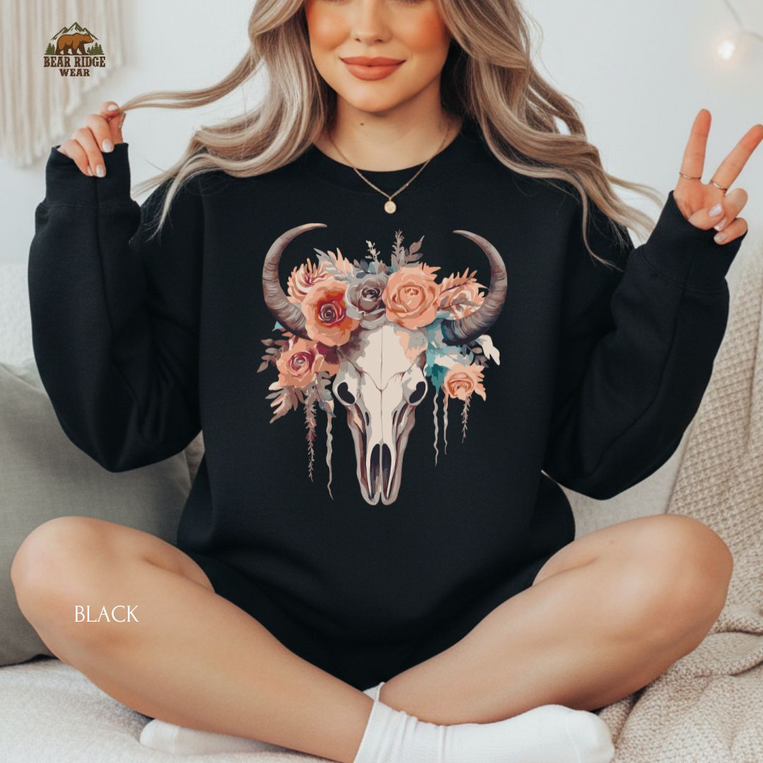 Skull Head Floral' Western Crewneck Sweatshirt