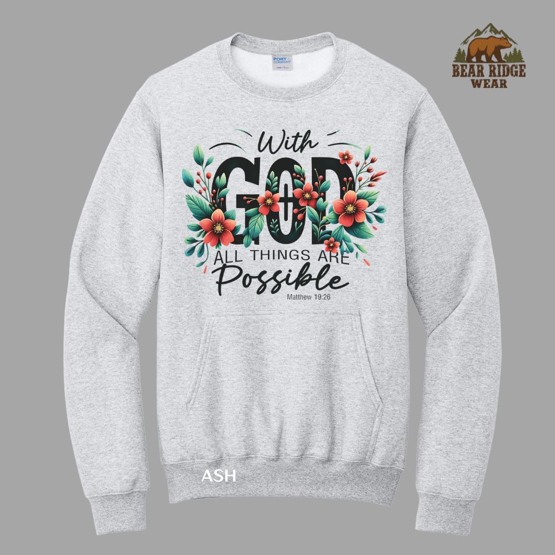 With God All Things Are Possible Faith Kangaroo Crew, Color: Ash, Size: S