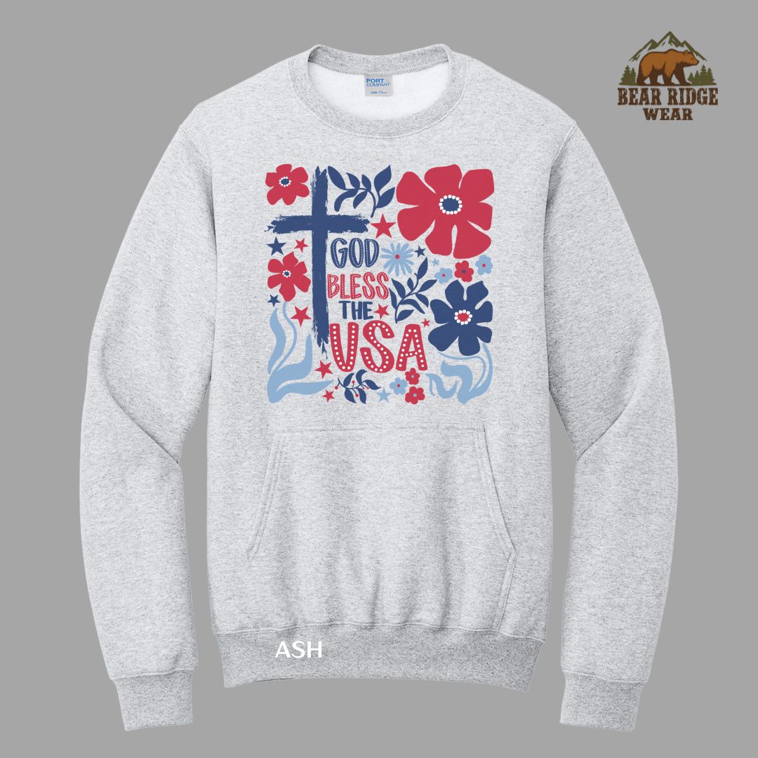 God Bless The USA-Cross Flowers Patriotic Kangaroo Crew