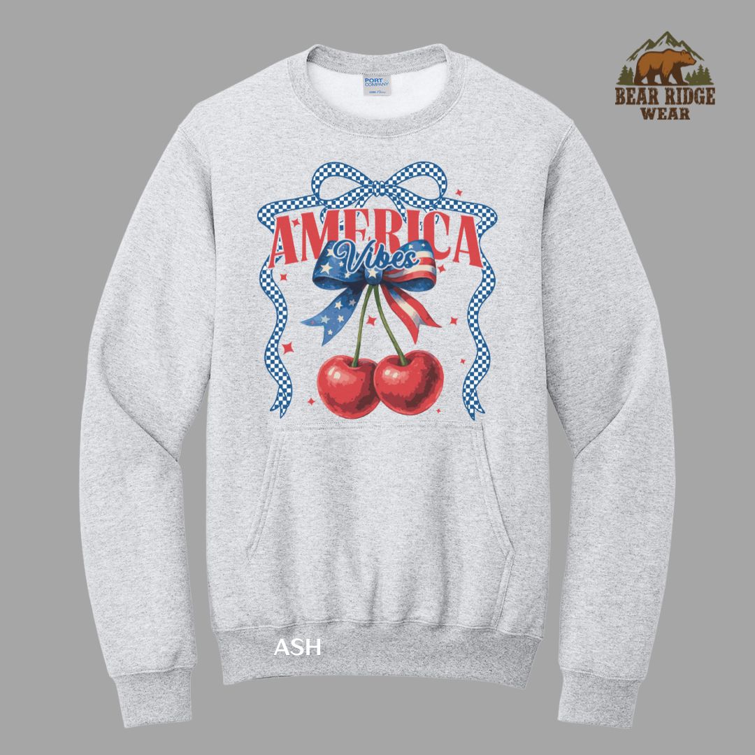 America Vibes-Cherries Patriotic Kangaroo Crew, Color: Ash, Size: S