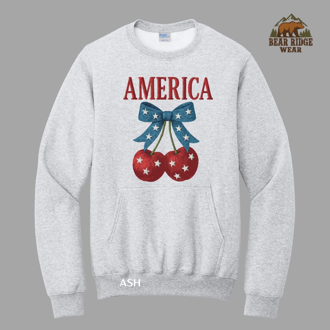 America - Cherries Patriotic Kangaroo Crew, Color: Ash, Size: S