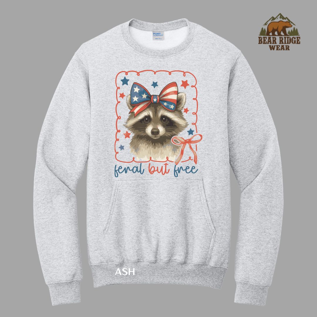 Feral But Free-Raccoon -Bow Patriotic Kangaroo Crew, Color: Ash, Size: S