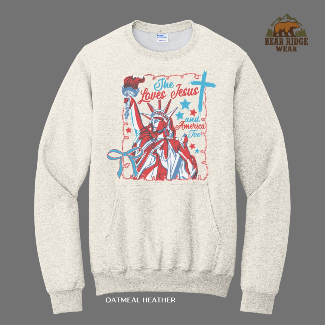 She Loves Jesus-America- S.O.L Patriotic Kangaroo Crew