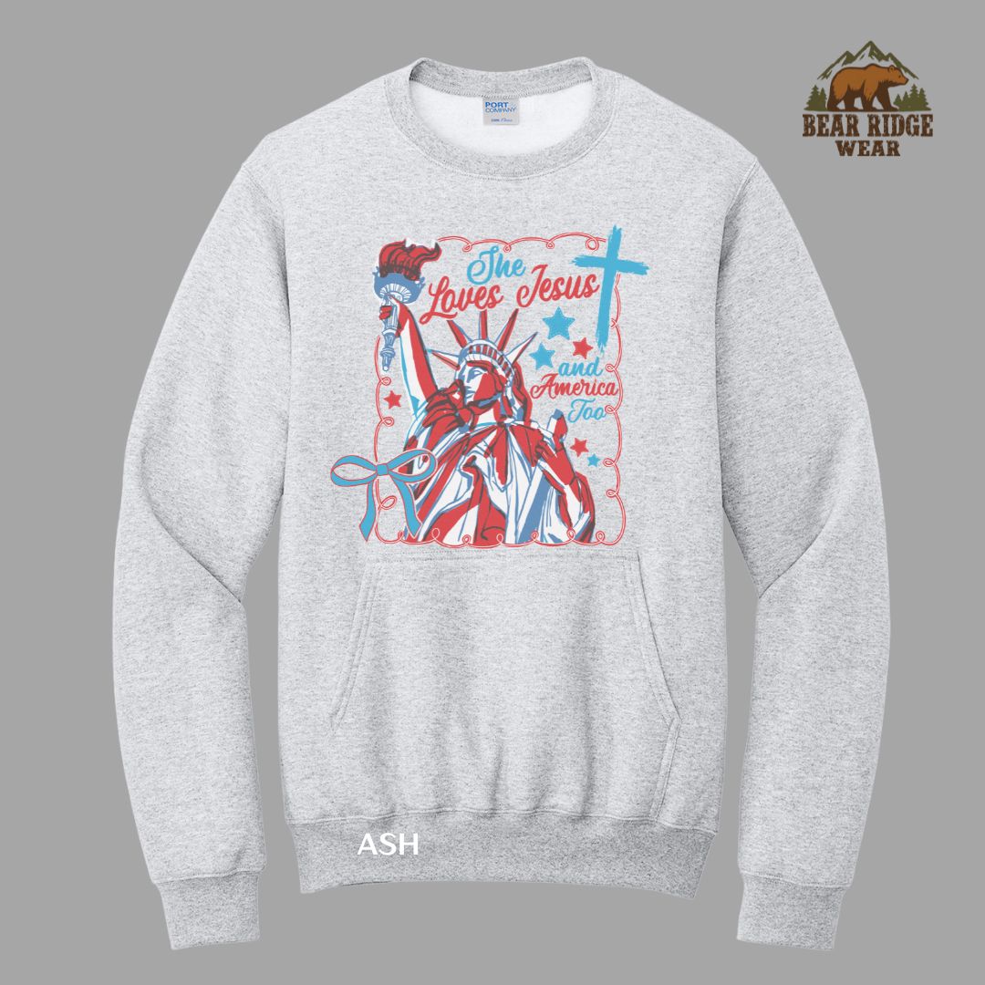 She Loves Jesus-America- S.O.L Patriotic Kangaroo Crew, Color: Ash, Size: S