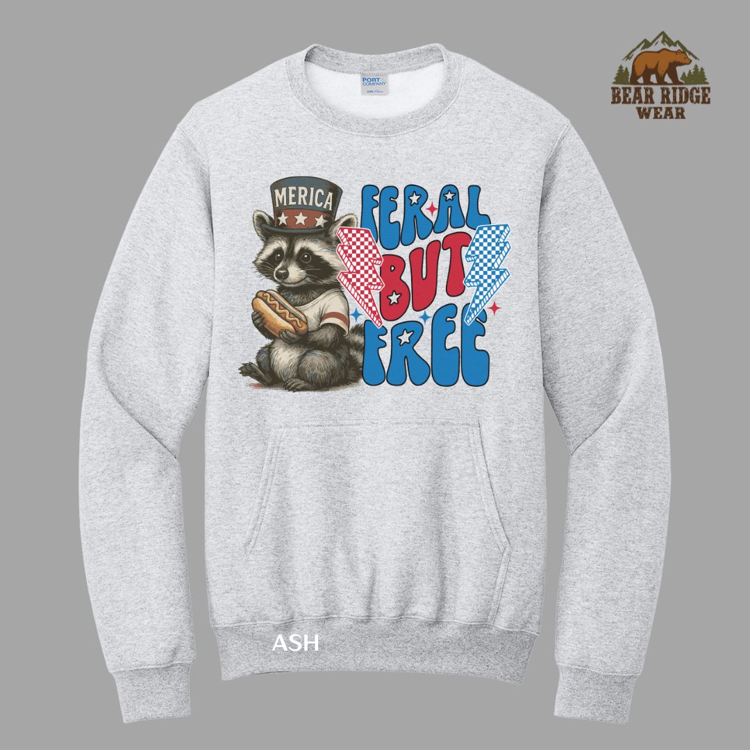 Feral But Free-Hot Dog Raccoon Patriotic Kangaroo Crew, Color: Ash, Size: S
