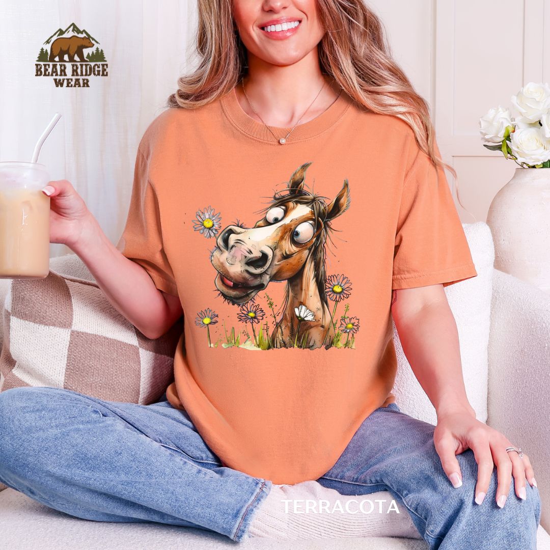Horse-Funny-Daisy Western T-shirt, Color: Terracotta, Size: M
