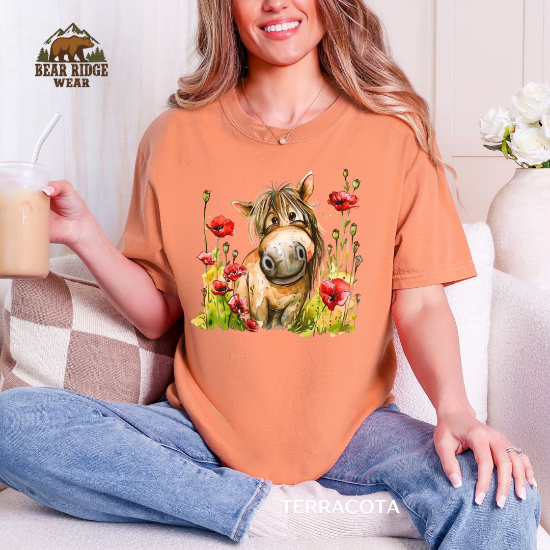 Horse-Funny-Poppies Western T-shirt, Color: Terracotta, Size: M