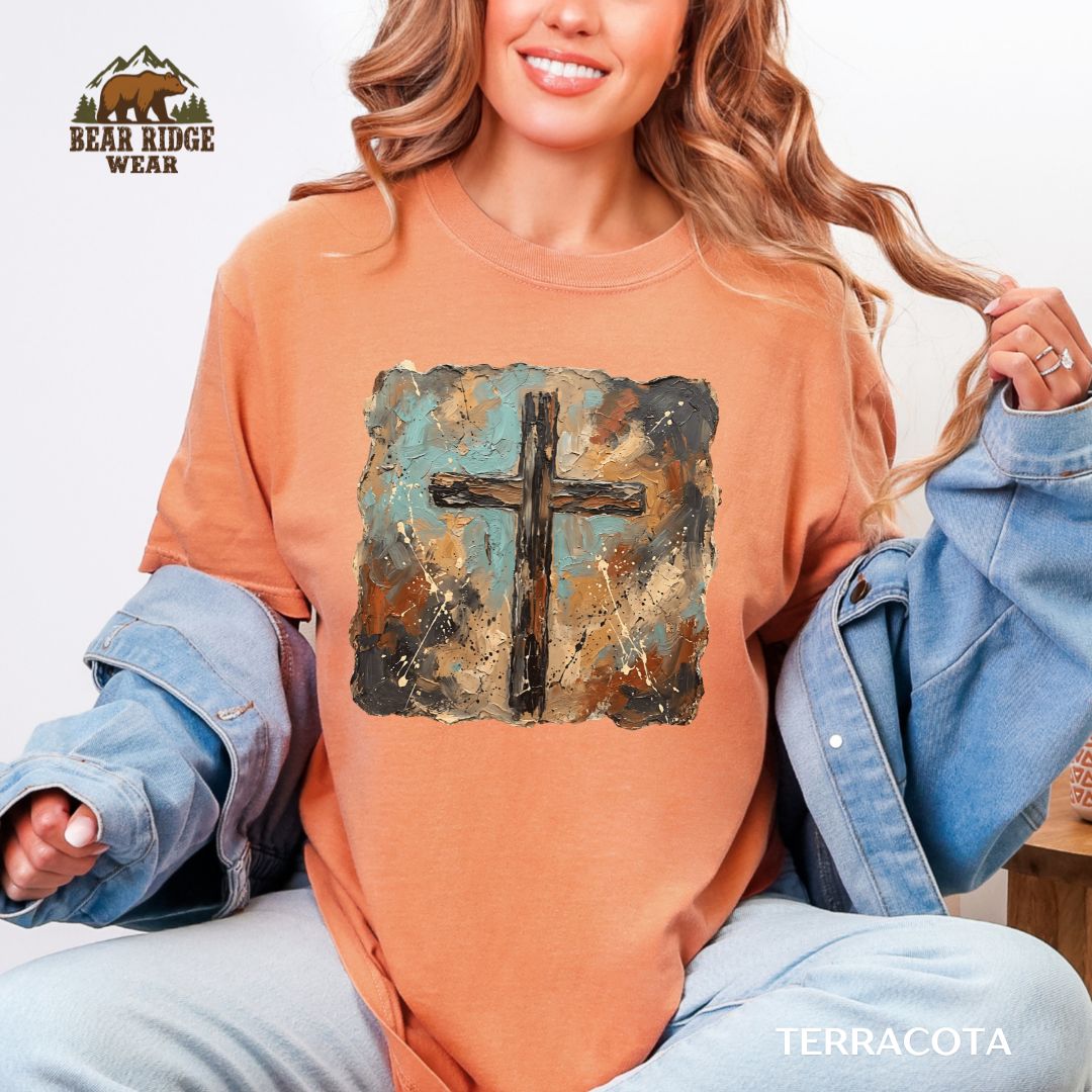 Brush Stroke Cross-Paint Faith T-shirt, Color: Terracotta, Size: M