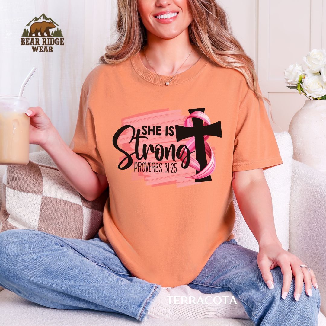 She is Strong Proverbs 31:25 Breast Cancer Awareness T-shirt, Color: Terracotta, Size: M