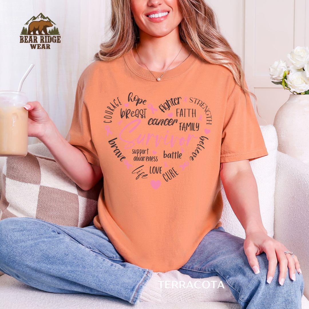 Survivor Heart Breast Cancer Awareness T-shirt, Color: Terracotta, Size: M
