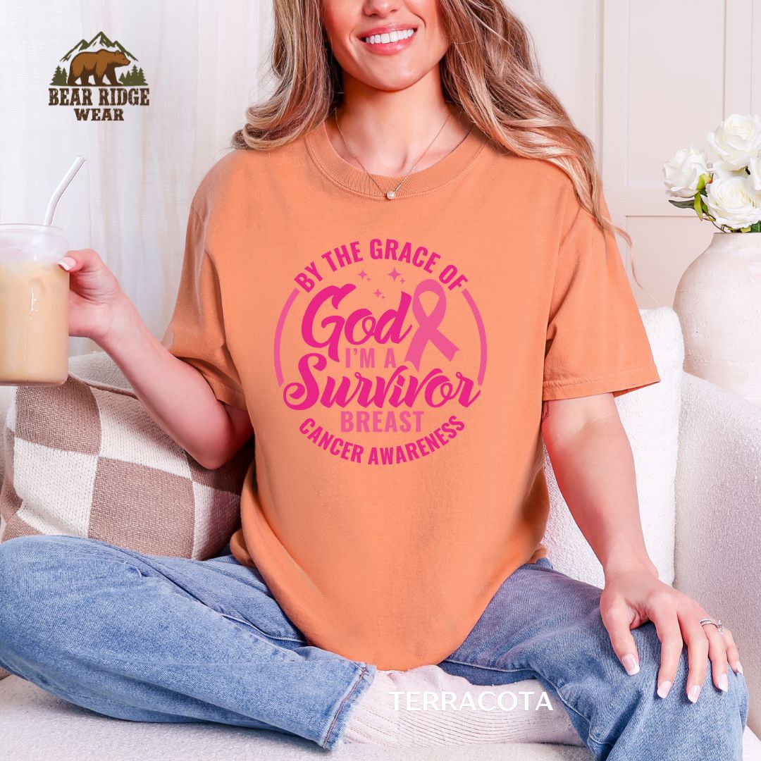 By The Grace Of God Breast Cancer Awareness T-shirt, Color: Terracotta, Size: M