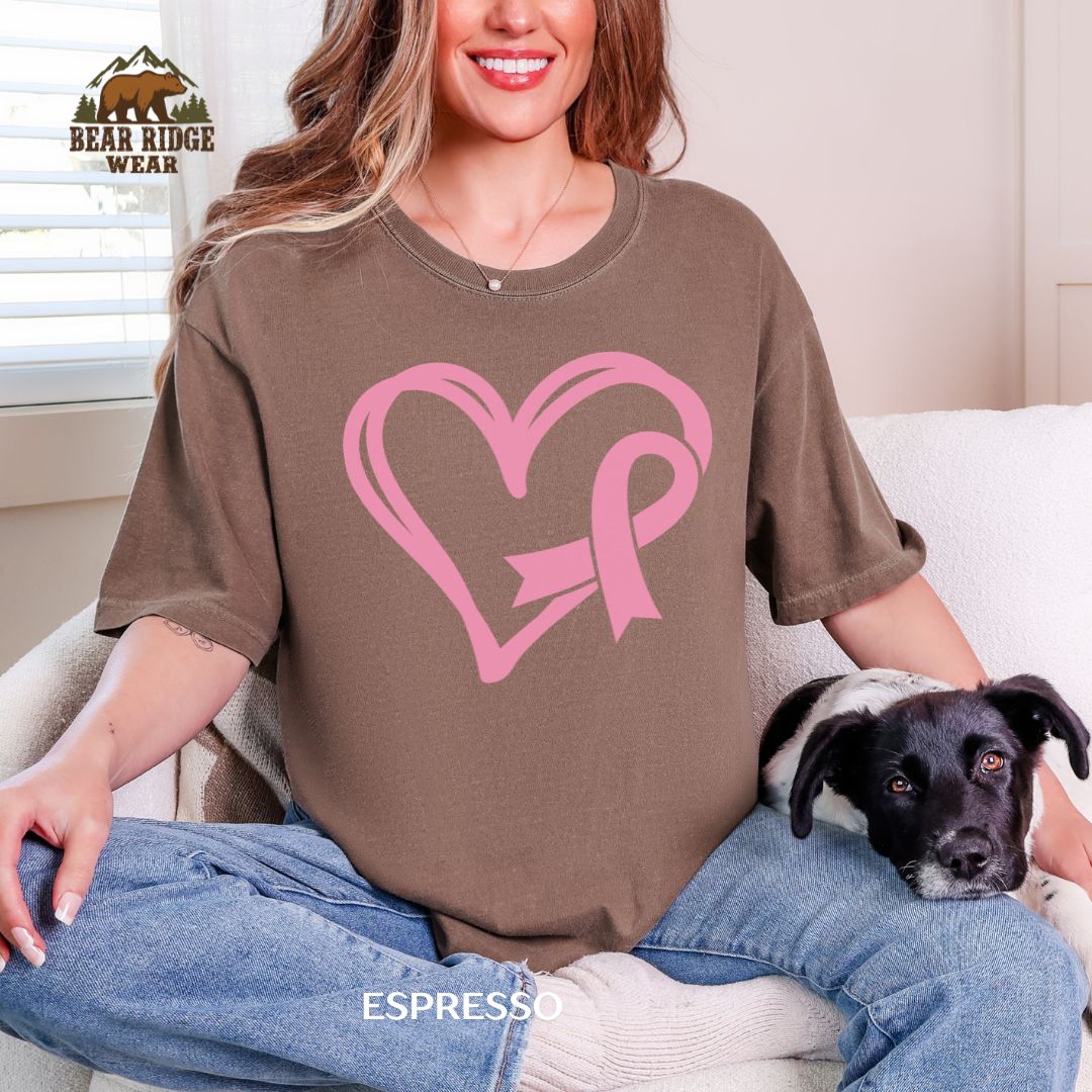 Heart and Ribbon Breast Cancer Awareness T-shirt, Color: Expresso, Size: M