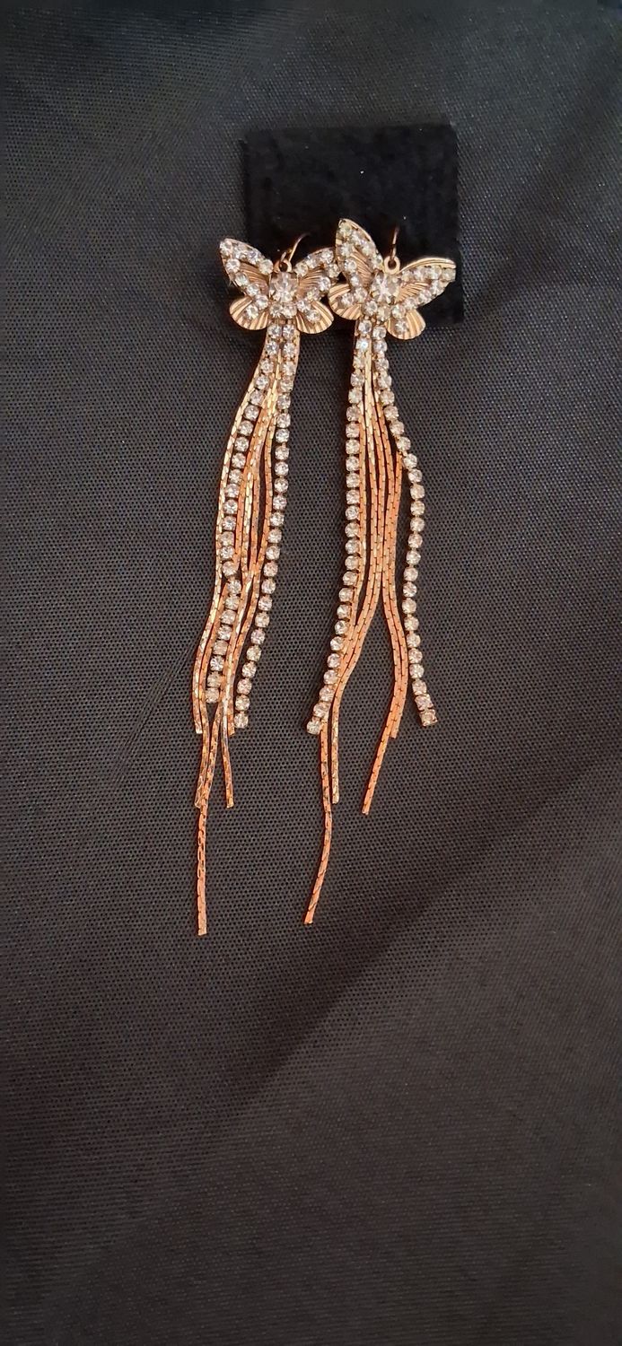 Gold/Rhnstn Butterfly Tassle Dangles