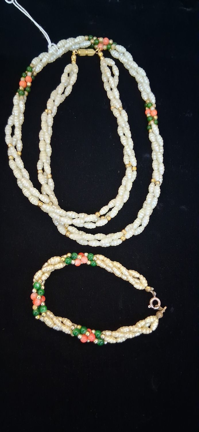 Neck/Brclt Mthr of Prl /Green/pch beads