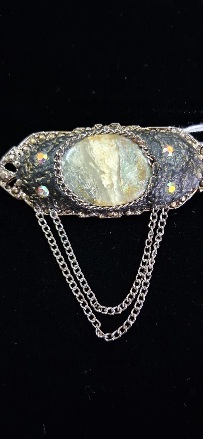 Vintage Brooch with White Cabochon and Rhinestones