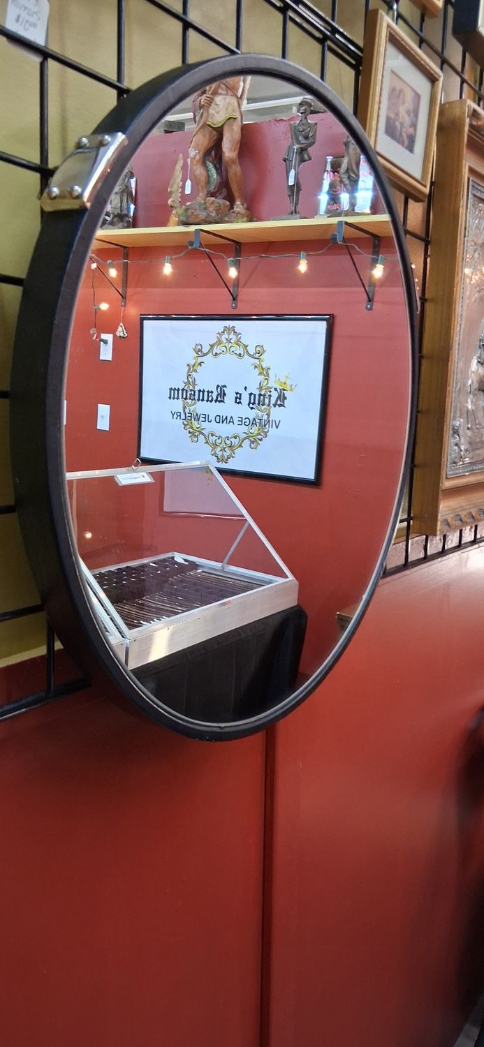 Vintage Dark Brown Leather Framed Round Mirror