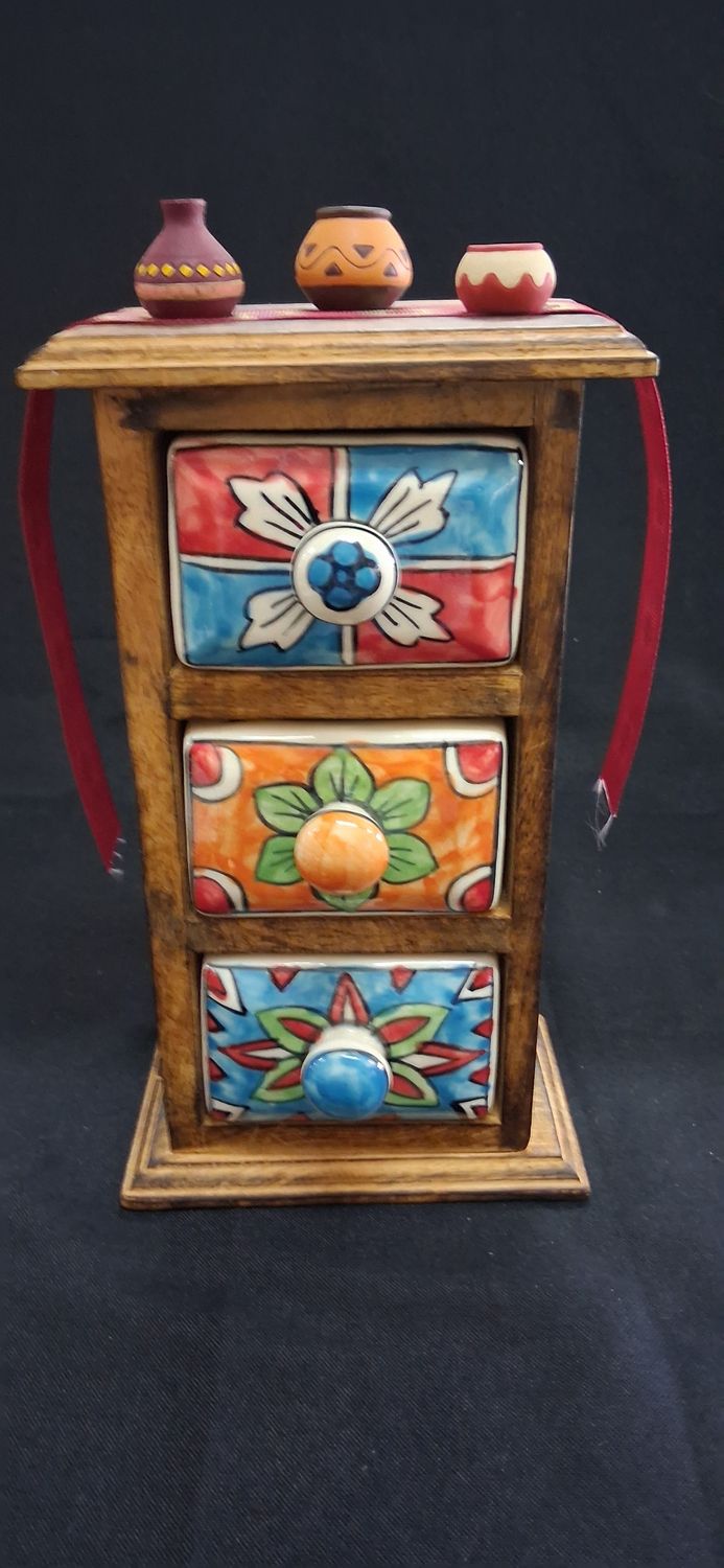 Mango Wood Hand Painted Ceramic Drawer Spice Chest