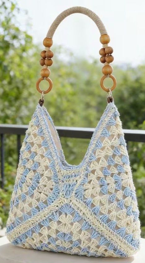 Bohemian Handmade Straw Hobo Tote Bag, Color: Off-white/Blue