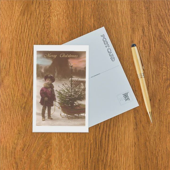 Postcard Little Boy with Christmas Tree on Sled