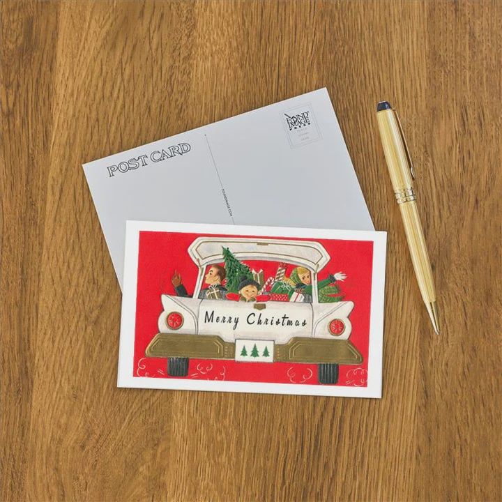 Postcard Suburban Family in Station Wagon