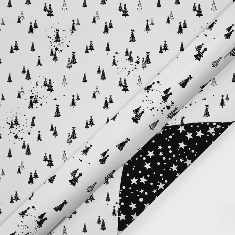 Holiday Reversible Wrapping Paper | Black and White Winter Trees/White Stars 30" x 10'