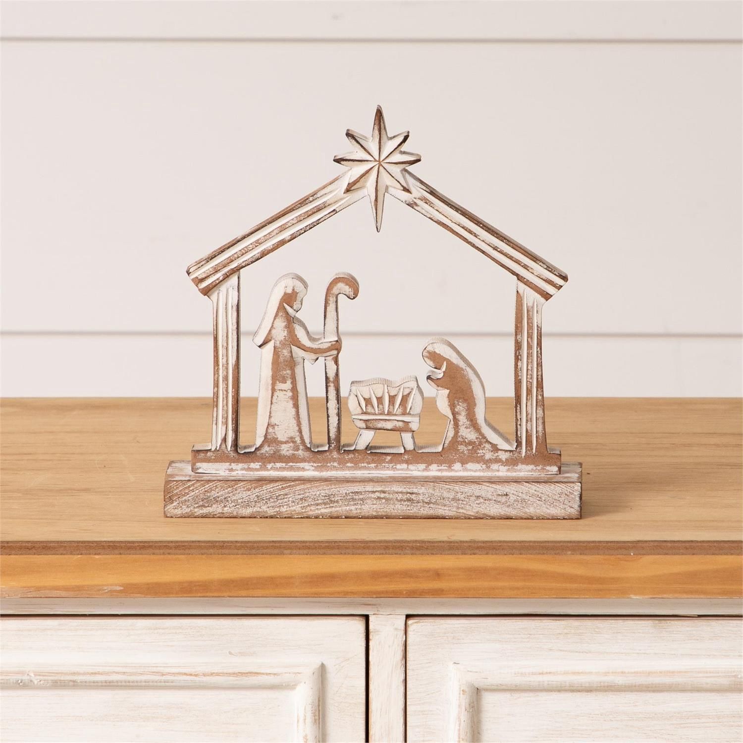 Whitewashed Carved Wood Nativity