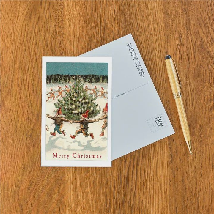 Postcard Merry Christmas, Elves Dancing Around Tree