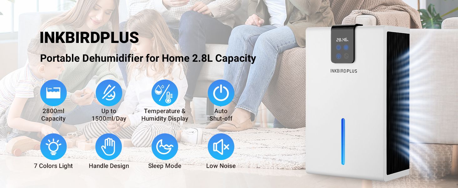 INKBIRD Dehumidifiers for Home, 2.8L Dual Semiconductor Dehumidifier with 7 Colors Light, 3 Protective Functions, Ultra Quiet Sleep Mode for Bedroom, Home Damp, Bathroom, Drying Clothes