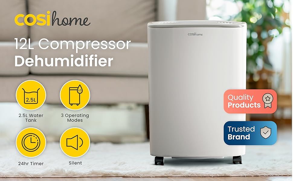 Cosi Home 12L/Day Dehumidifier with Automatic Humidity Sensor &amp; Display, 2.5L Water Tank for Damp, Mould, Condensation - Moisture Remover for Home, Kitchen, Bathroom, Office, Garage