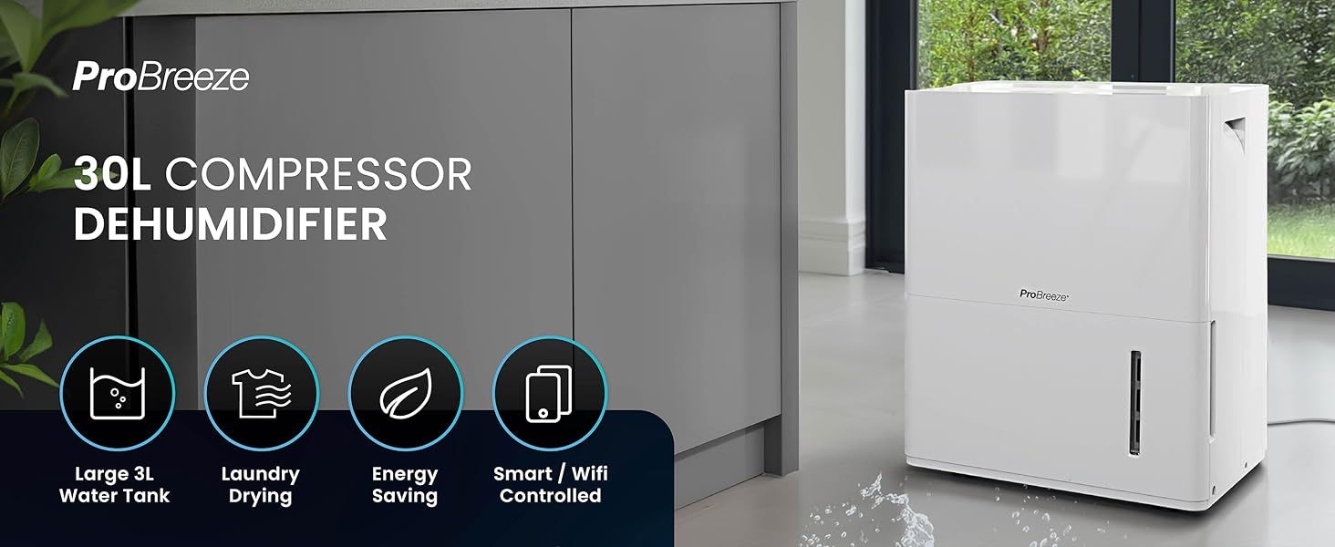 Pro Breeze 30L Smart Dehumidifier with Wi-Fi App, 24h Timer &amp; Child Lock, Continuous Drainage Hose, 45dB Home Moisture Absorber, Supports Alexa, Covers Spaces up to 73m²