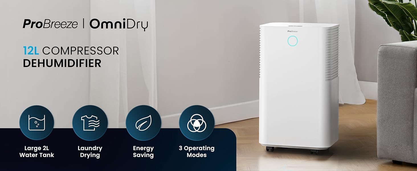 Pro Breeze 12L/Day Dehumidifier with Automatic Humidity Sensor &amp; Display, 24 Hour Timer, Laundry Drying, Continuous Drainage and Sleep Mode for Damp, Mould and Condensation-Model (PB-18-AE)