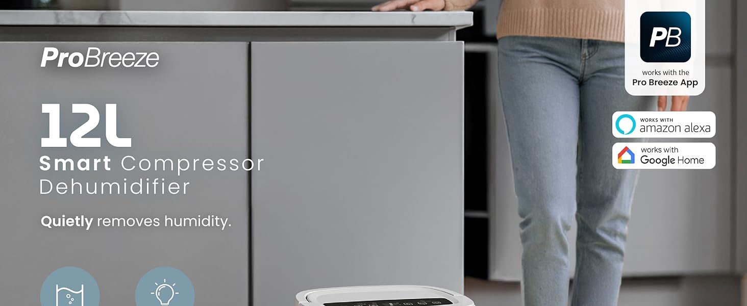 Pro Breeze® 12L/Day Dehumidifier, Smart Compressor Dehumidifier with App, Wi-Fi with Automatic Humidity Sensor &amp; Display, 24-hour Timer, Laundry Drying, Continuous Drainage