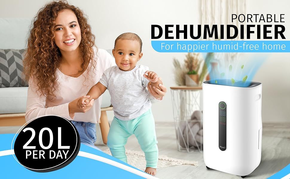 Nyxi 20L/Day Home Dehumidifier, Removes Condensation, Humidity, Damp, Moisture &amp; Purifies Air, Clothes Drying, Continues Drainage, Auto-Off, 24 Hours Timer for Homes, Offices, Basements, Laundry