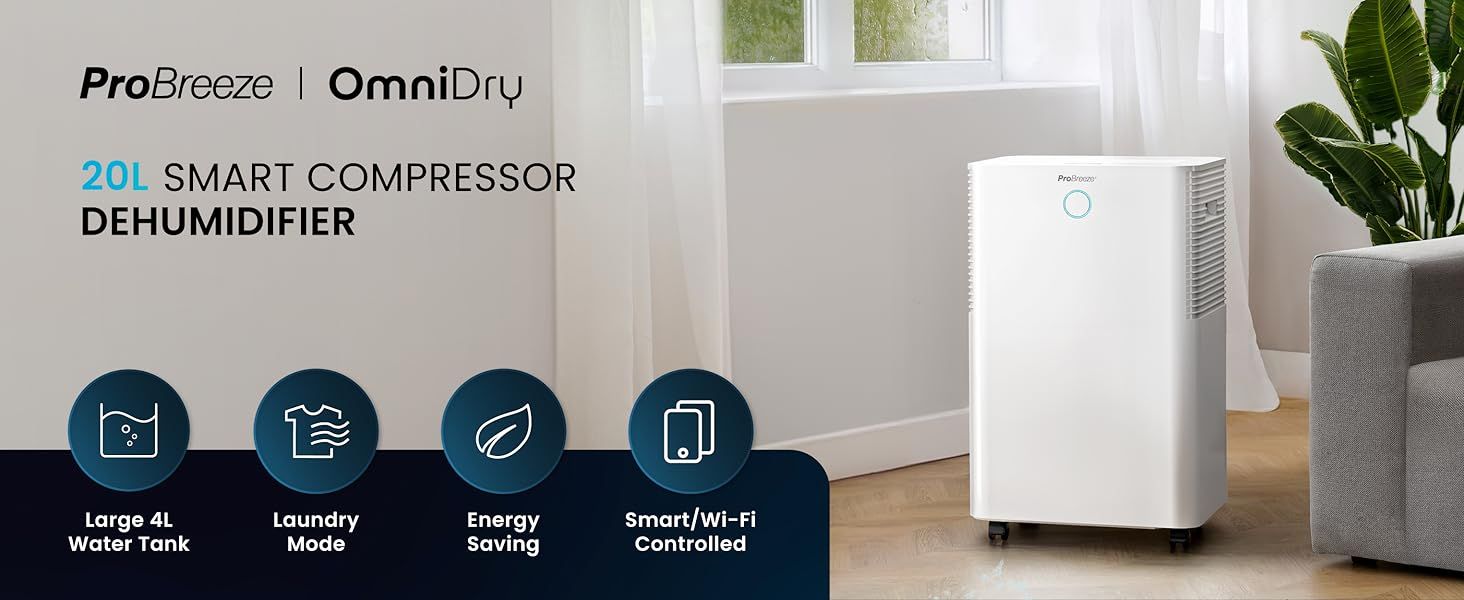 Pro Breeze® 20L/Day Smart Compressor Dehumidifier with 4L Water Tank, Laundry Drying &amp; Automatic Humidity Sensor - Mould Remover with 24-Hour Timer and Sleep Mode for Damp, Mould and Condensation