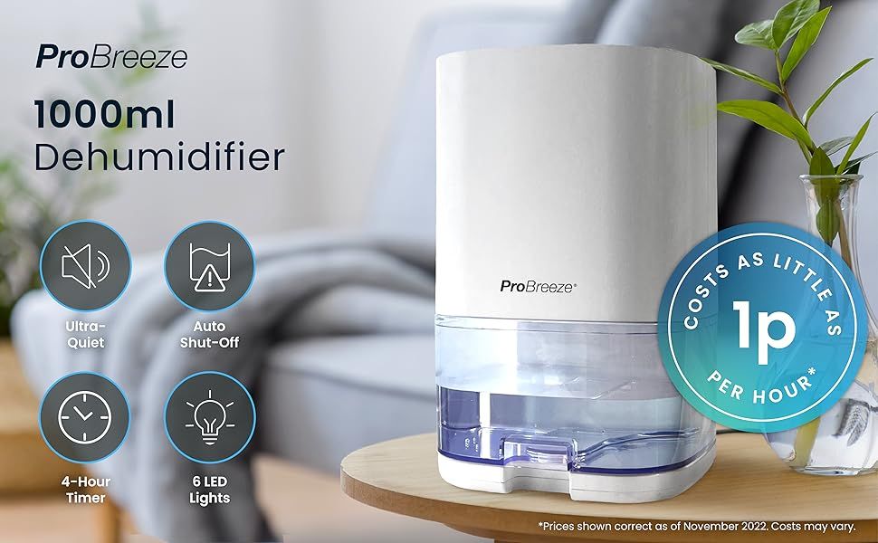 Pro Breeze 1000ml Dehumidifier with 4-Hour Timer, Auto Shut-Off, LED Light, Portable Mini Air Dehumidifier for Damp, Mould and Moisture in Kitchen, Bedroom, Bathroom, Caravan, Garage, Basement