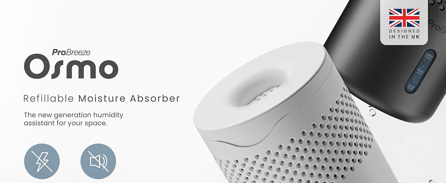 Pro Breeze Osmo® Dehumidifier, Silent &amp; Refillable Moisture Absorber for Damp &amp; Condensation at Home, Bedroom, Wardrobe, Car, Mould Remover with 1 Tablet, No Power Required- Proudly designed in the UK