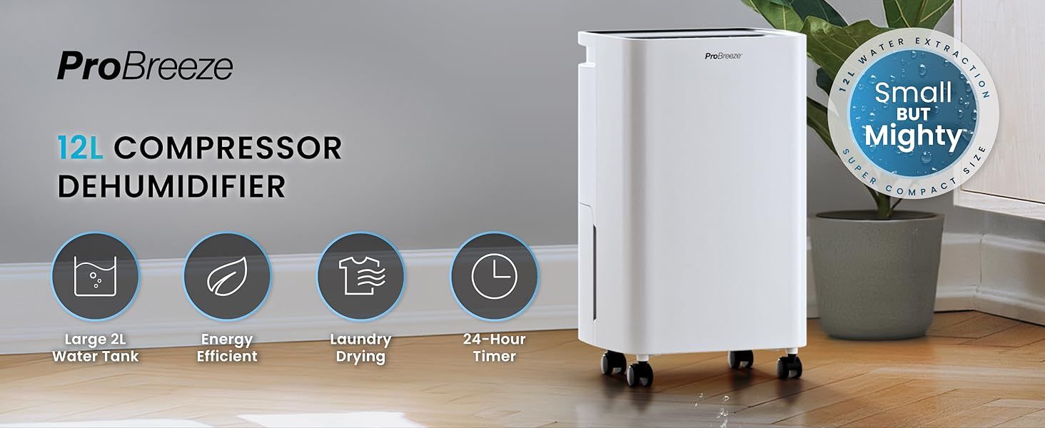 Pro Breeze 12L Compressor Dehumidifier with 2L Water Tank, Laundry Drying &amp; Automatic Humidity Sensor - Portable Mould Remover with 24-Hour Timer for Damp, Black Mould and Condensation
