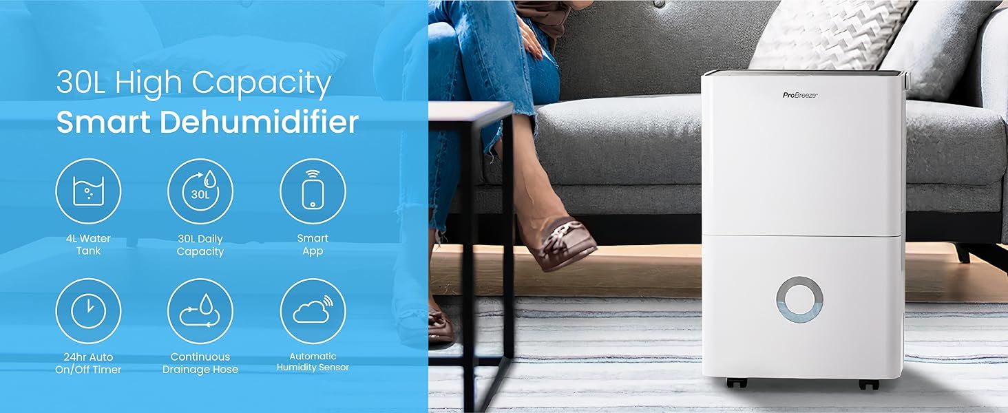 Pro Breeze 30L/Day Dehumidifier - Smart Compressor Dehumidifier with App, Wi-Fi, Continuous Drainage, 4L Water Tank, 24h Timer &amp; Child Lock- Mould Remover &amp; Moisture Absorber for Home &amp; Bathroom