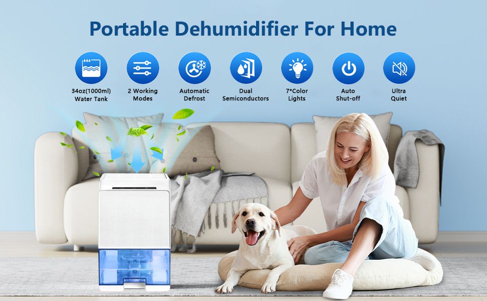 Home Dehumidifier, 50oz (1500ml) Room Dehumidifier with Auto Shut-off, Auto Defrost, Dehumidifier for Bedroom, Bathroom, Basement with 7 Colored Lights, Auto Shutoff, 2 Working Modes
